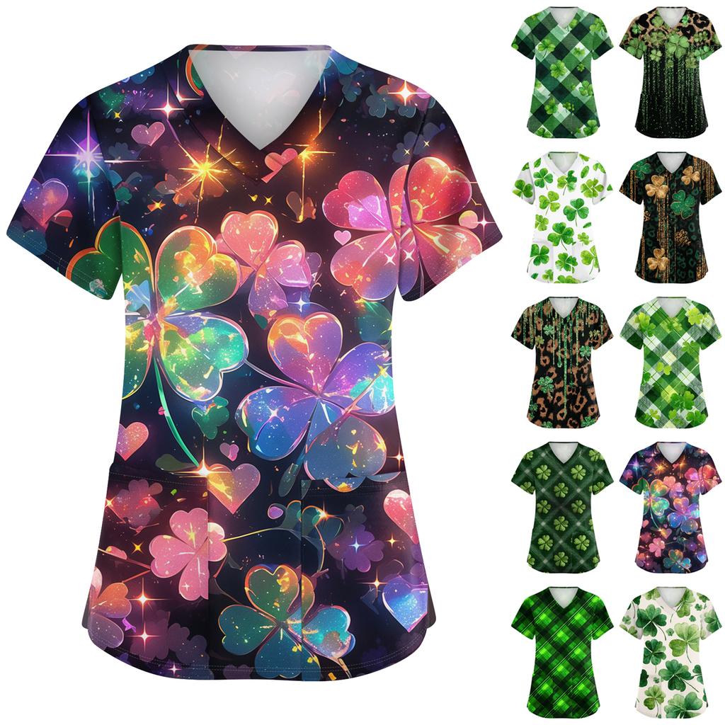 Women's Fashionable V-neck Workwear Printed Short Sleeved Pocket Side Slit Workwear Basic Pullover Top