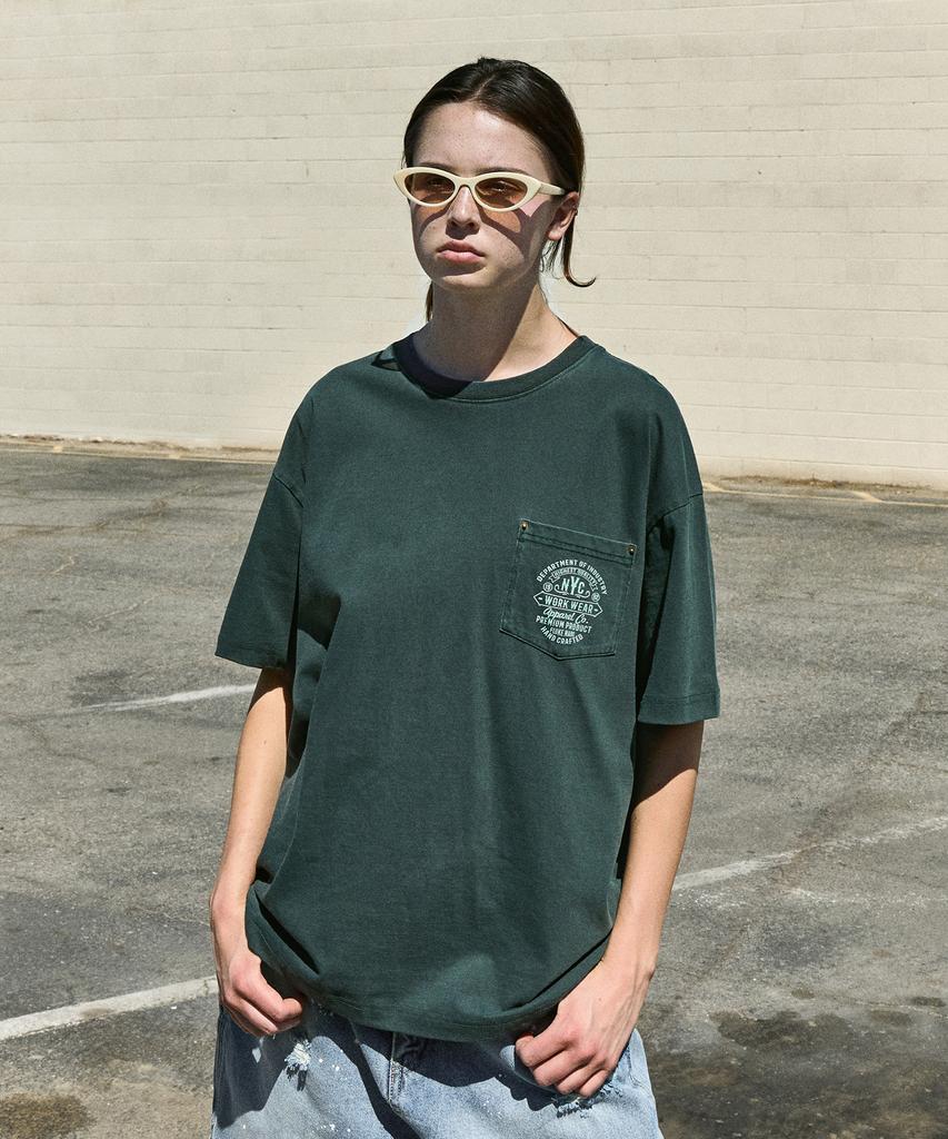 Peullukeu Rivet Pocket Pigment Workwear Short Sleeve T-Shirt Blue Green Fst739