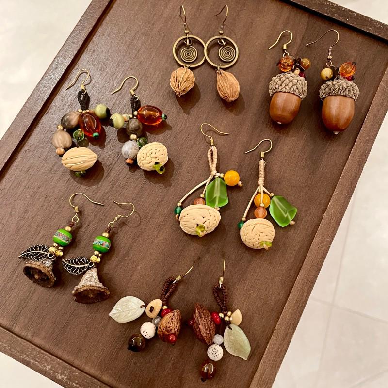 Handmade Retro Pine Cone & Dried Fruit Earrings - Forest Style Artistic Jewelry for Women