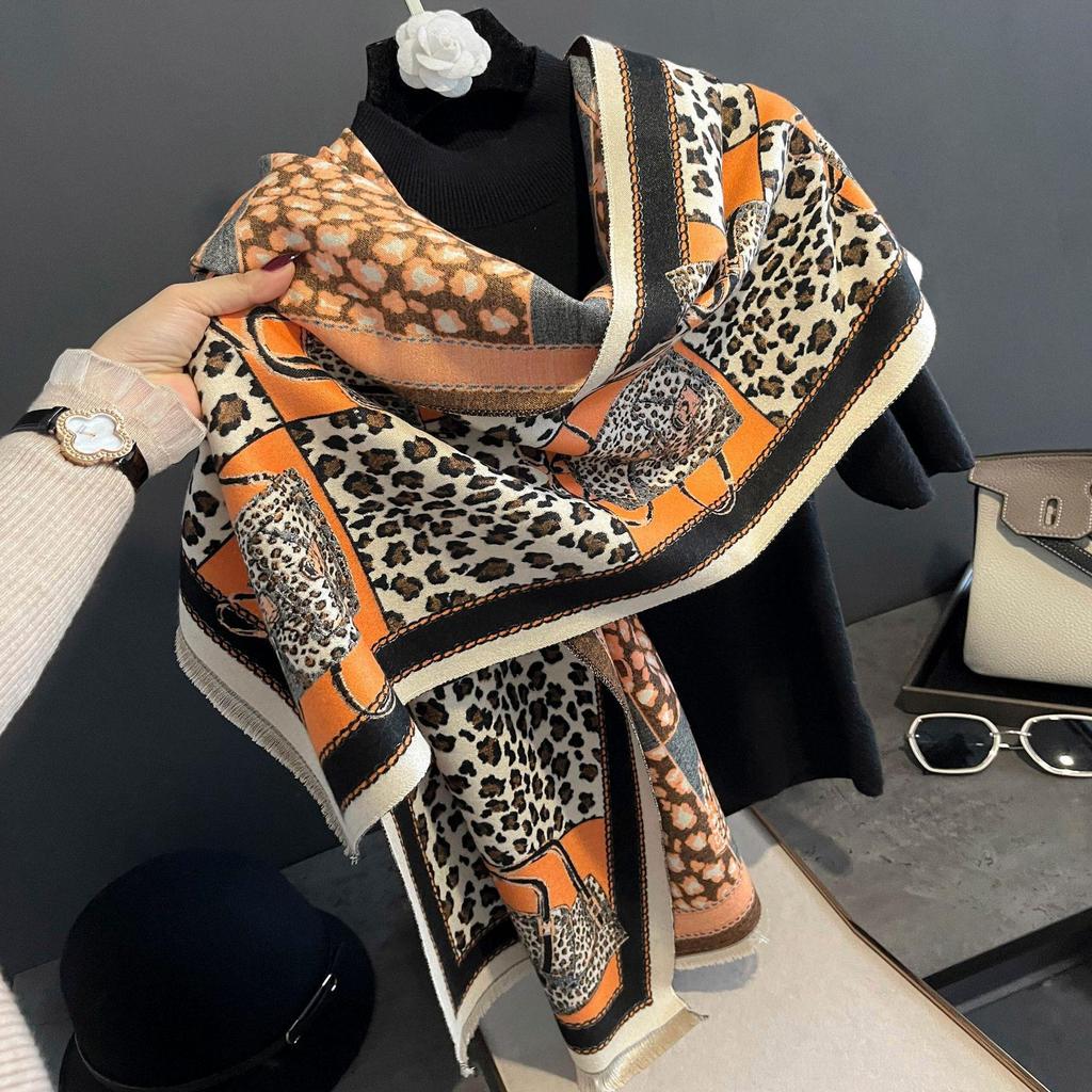 Korean Style Versatile Thickened Imitation Cashmere Leopard Print Bag Scarf Autumn and Winter Long Warm Travel Outer Shawl and Scarf