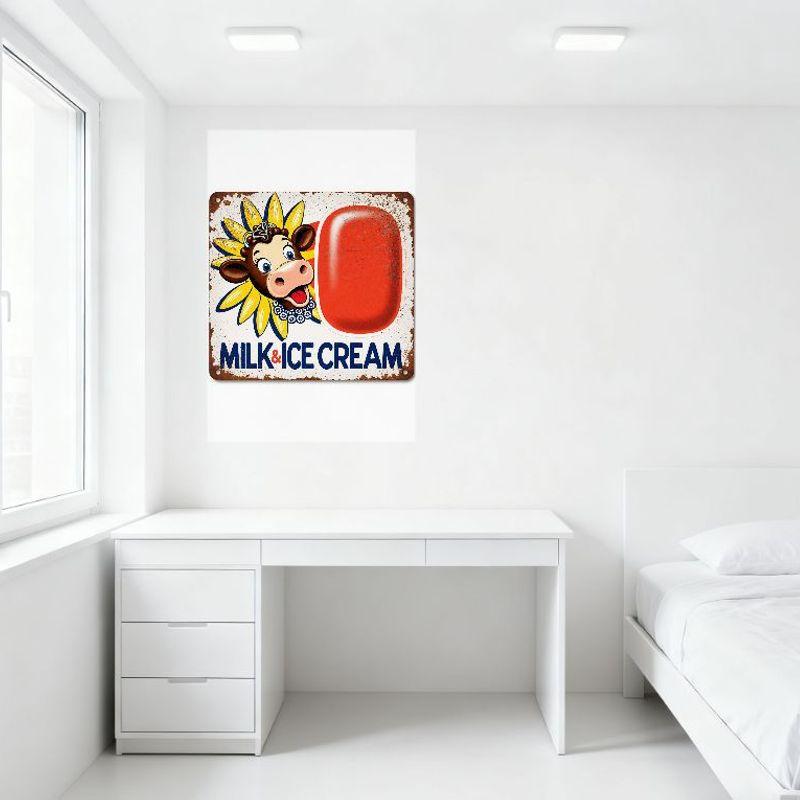 Vintage Metal Tin Sign with Cartoon Cow, Sunflowers, Milk & Ice Cream Text, Weathered Aged Appearance for Home Decor, Bar, Cafe,