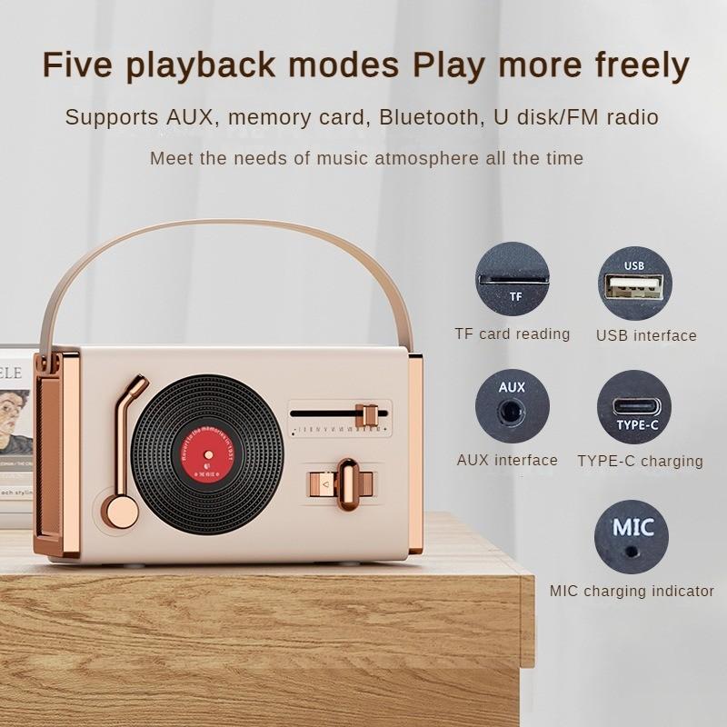 New Retro Bluetooth Speaker Multi Functional 360 ° Panoramic Sound Effect Compact Record Player Audio System for Mobile Phones Computers Desktops 5W