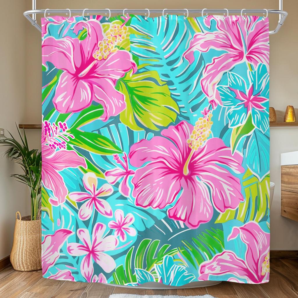 Boho Floral Shower Curtain, Hawaii Tropical Leaves Flower Bath Curtain Botanical Nature Summer Bathroom Decor Curtain with Hooks