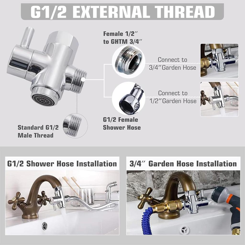 Brass Faucet Diverter Valve with Aerator, Faucet Adapter for Sink Hose Attachment, 3 Way Faucet Splitter with Male Thread Adapter, Faucet Connector