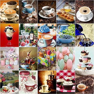 5D-Diamantgemälde zum Selbermachen, Kaffee-Dessert, komplett, rund, Diamant-Kunst, Stickerei, Mosaik, Stillleben, Heimdekoration, 40 x 50 cm