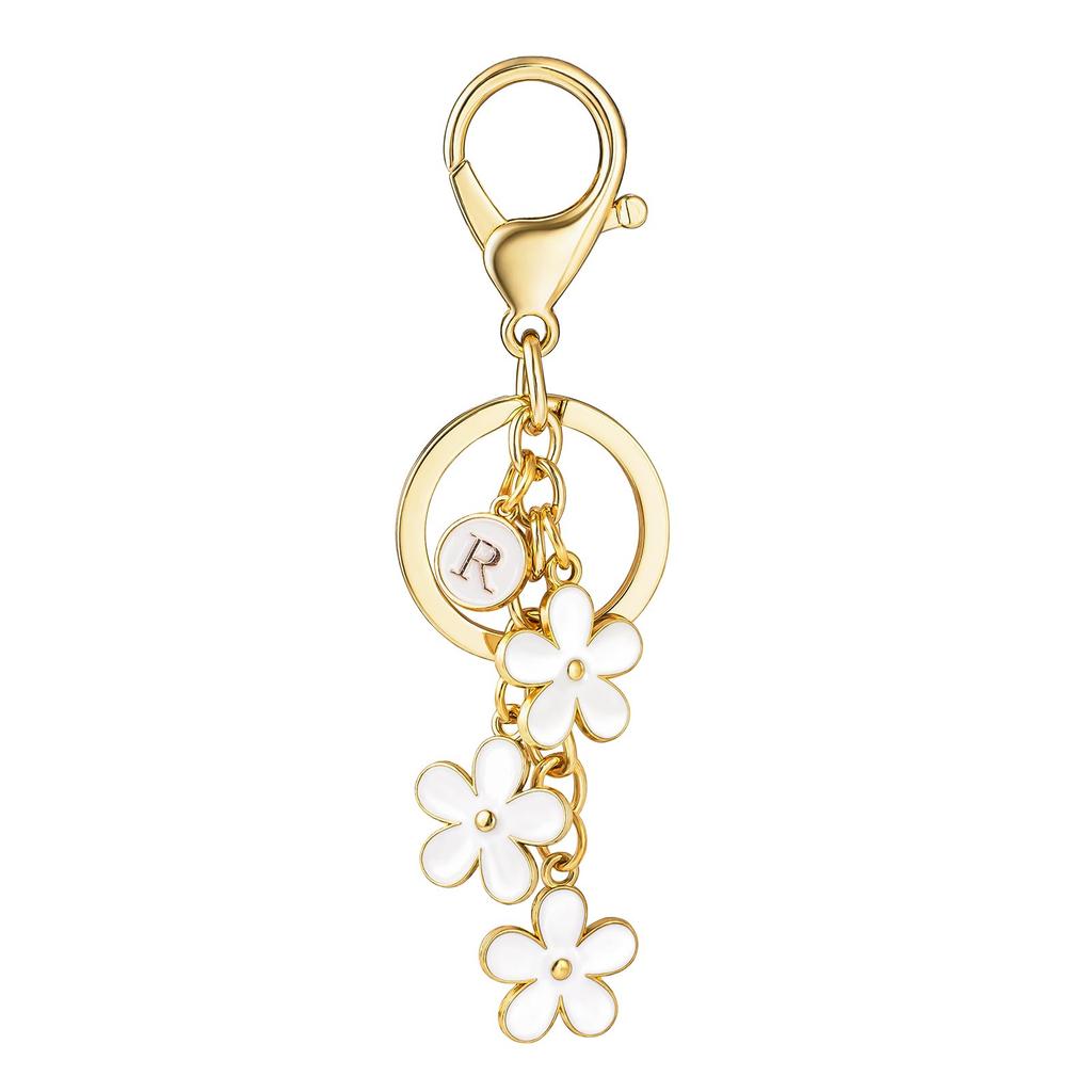 Initial Keychain White/Pink Flower Charms for Key Cute Letter Keyring for Handbag Backpack Key Ring Accessories
