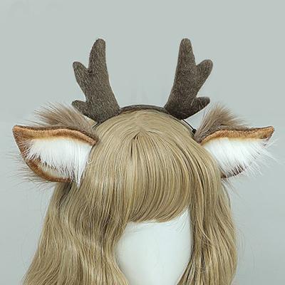 Women Plush Christmas Antler Headband Handmade 3D Ear Decor Hair Hoop Cosplay Party Hair Accessories