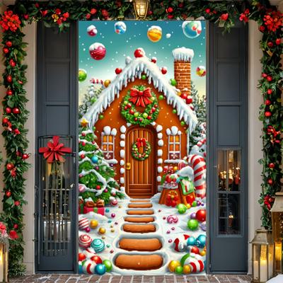 Gingerbread Candy House Linings For Christmas Doors Home Kitchen Christmas Decoration Door Cover Cloth Outdoor Garden Home Decor