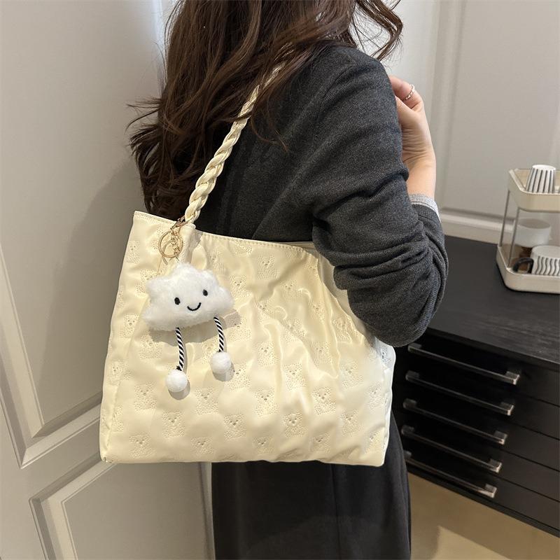Bow girl heart texture wind embroidery thread pleats large capacity solid color shoulder bag tote handbag