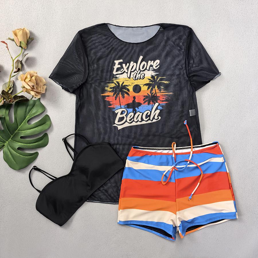 Neuer hochtaillierter Boxershorts Netzbluse Dreiteiler Kokospalmenmuster Schlanker Damenbadeanzug