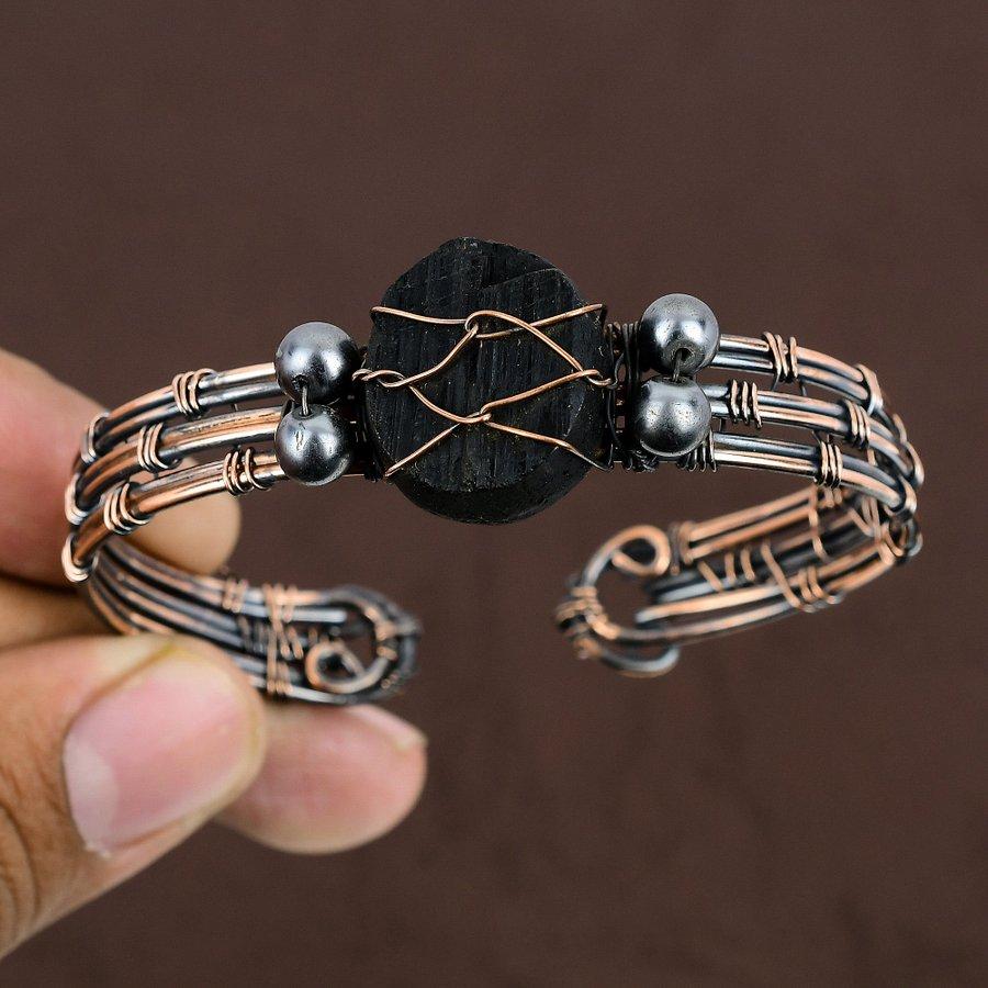 Black Tourmaline Handmade Copper Wire Wrap Cuff Bangle Adjustable w7N72