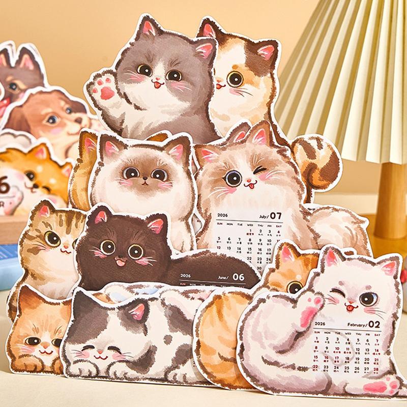 2026 Cute Cat Dog Card Insert Desk Calendar Office Home Monthly 12Month Family Planner Organizer New Year Calendar Desktop Decor