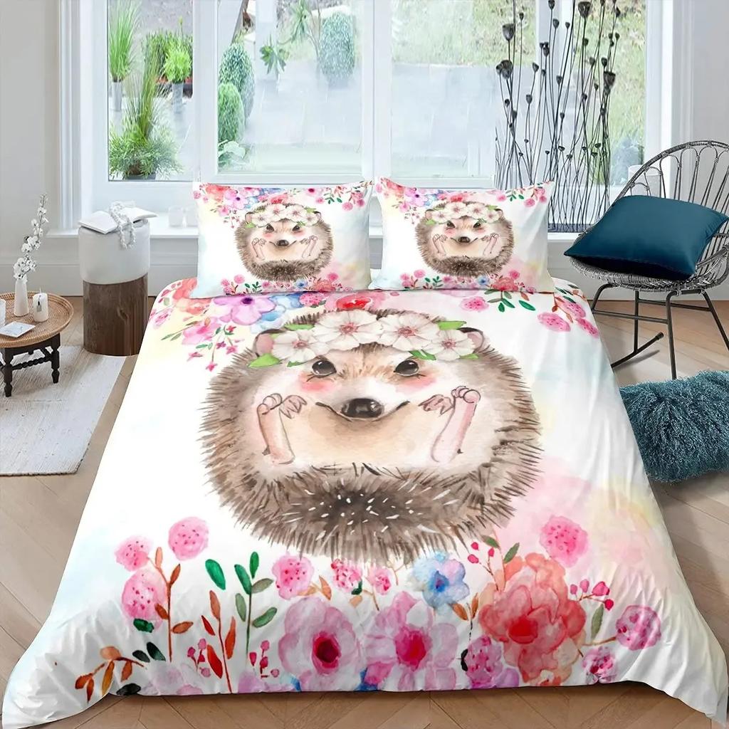 Cartoon Igel Bettbezug Queen Aquarell Batik Boho Bettwäsche-Set, Wildtiere Blumen Bettdeckenbezug Floraler Quiltbezug