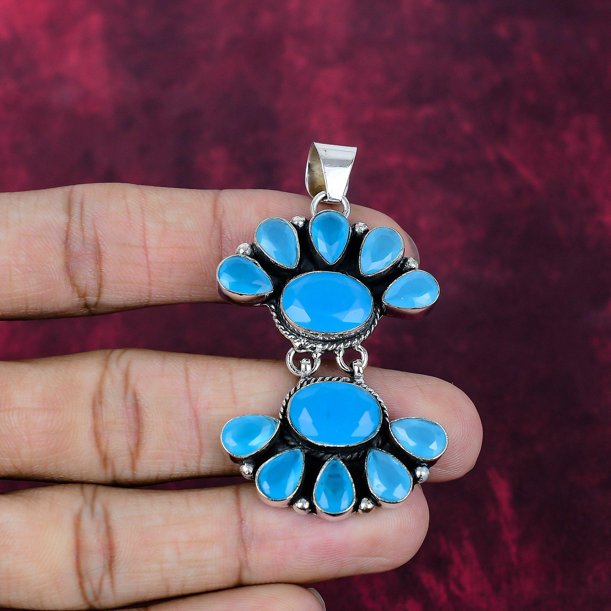 

Blue Chalcedony Handmade Gemstone Pendant, 925 Solid Sterling Silver Pendant Antique Jewelry, For Engagement Gift 2.44 Inches