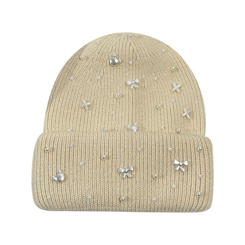 Autumn and winter new bow pearl knitted hat big head circumference thickened rabbit hair blended pullover ear protector wool hat