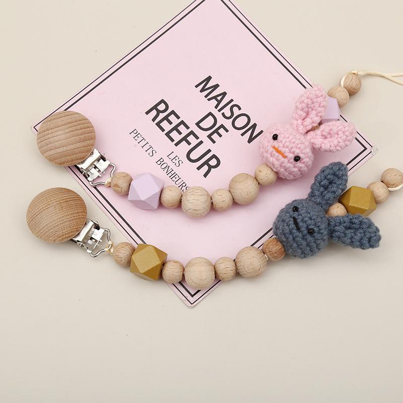 Cute Cartoon Knitted Rabbit Pacifier Clip with Beech Wood Beads