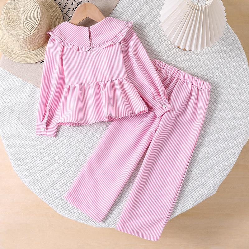 Girls' Toddler Outfit New Autumn Korean Style Doll Collar Long Sleeve Top Striped Pants