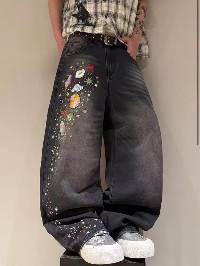 American Retro Full-print Wide-leg Jeans, New Men's Design Straight Loose Jeans