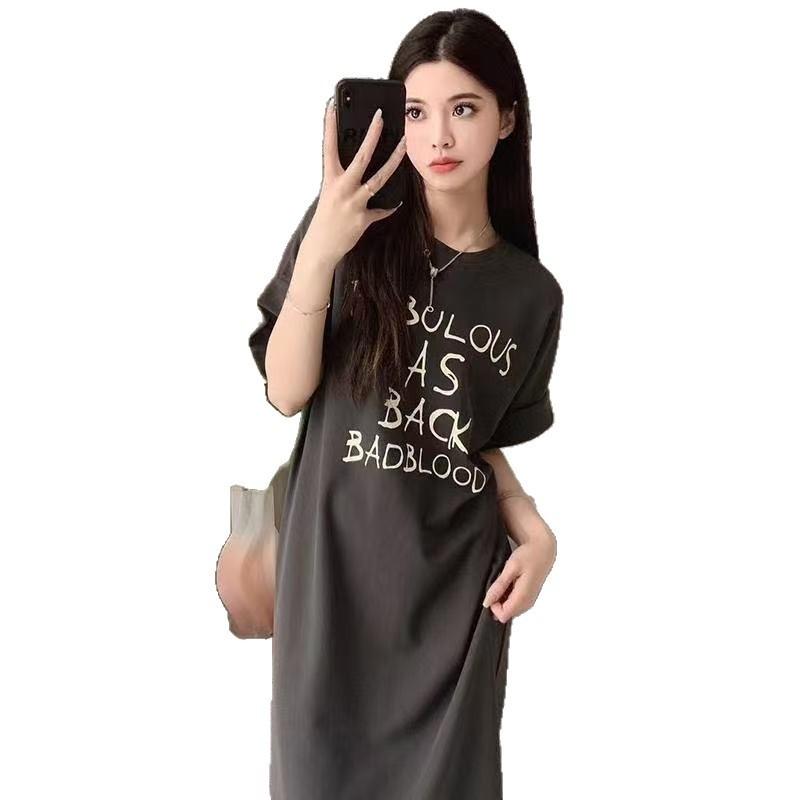 Women's Summer Loose Letter Print Short-sleeved T-shirt Fashionable and Laid-back Style Over-the-knee Casual Dress