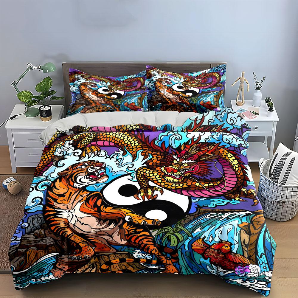 Dragon Tiger Yin Yang Decor Soft Comfortable Duvet Cover Bedding Set Included 1*Duvet Cover & 2*Pillowcases, Gift