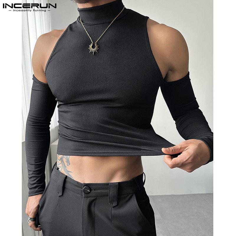 INCERUN Men Summer High Neck Cutout Sleeve Oversleeve Rib Casual Fitted Short Tank Tops