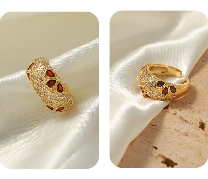 Luxurious French Court Style Copper Ring with Colorful Zircon Inlays, Adjustable for Women