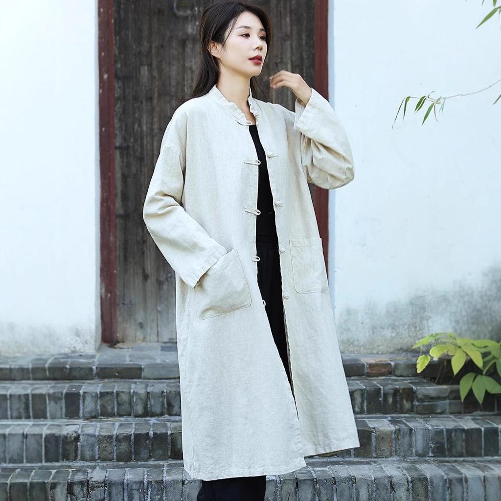 Cardigan de damă din amestec de bumbac și in de lungime medie - Retro spălat cu nisip