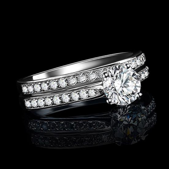 Women Engagement Wedding 2Pcs Ring Set Cubic Zirconia White Silver Plated Rings