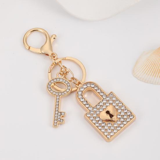 Keychain Pendant Rhinestones Inlaid Concentric Lock Design Couple Key Chain with Anti-Oxidation Lobster Clasp Backpacks Accessory
