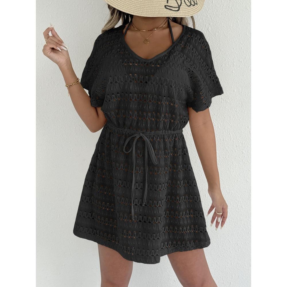 Women's Sheer Lace Camisole Beach Dress with Drawstring Waist and Bow Ties