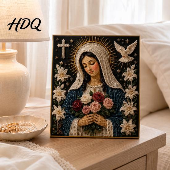 Spiritual Wall Art Faith Pearl Painting Kit Virgin Mary DIY Faux Religious Handmade Devotional Artwork Craft Set Home for Christian Prayer