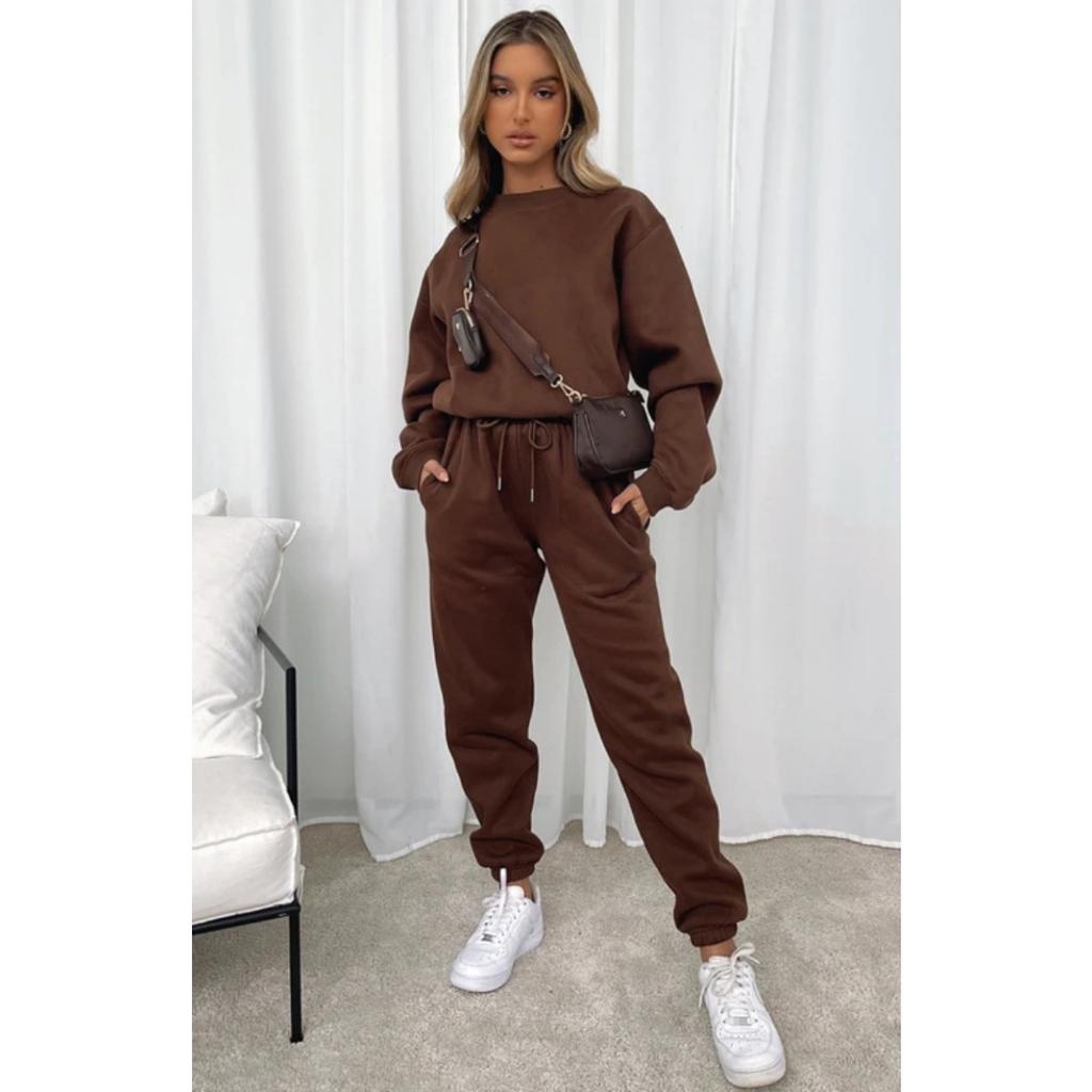 Autumn and Winter Solid Color Round Neck Pullover Long Pants Women's Fashion Casual Long Sleeved Sweatshirt Set