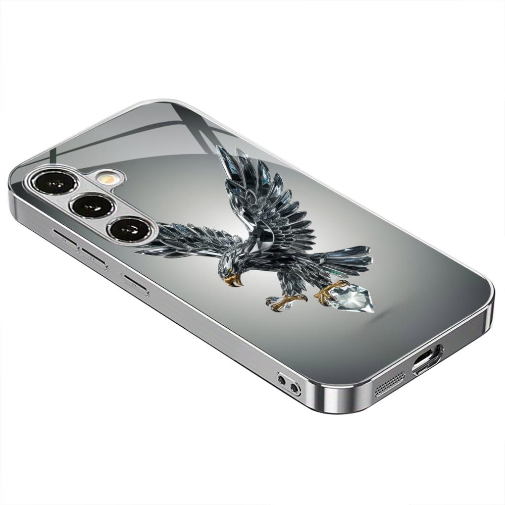 Glass Crystal Eagle Silver Electroplated Glass Phone Case For Samsung Galaxy S25 Ultra S24 S23 S22 Plus Hard Shockproof Cover