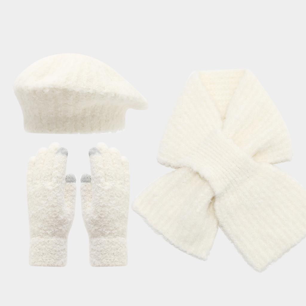 Women's 3-Piece Beret Scarf and Gloves Set, Warm Outdoor Casual Accessories for Cold