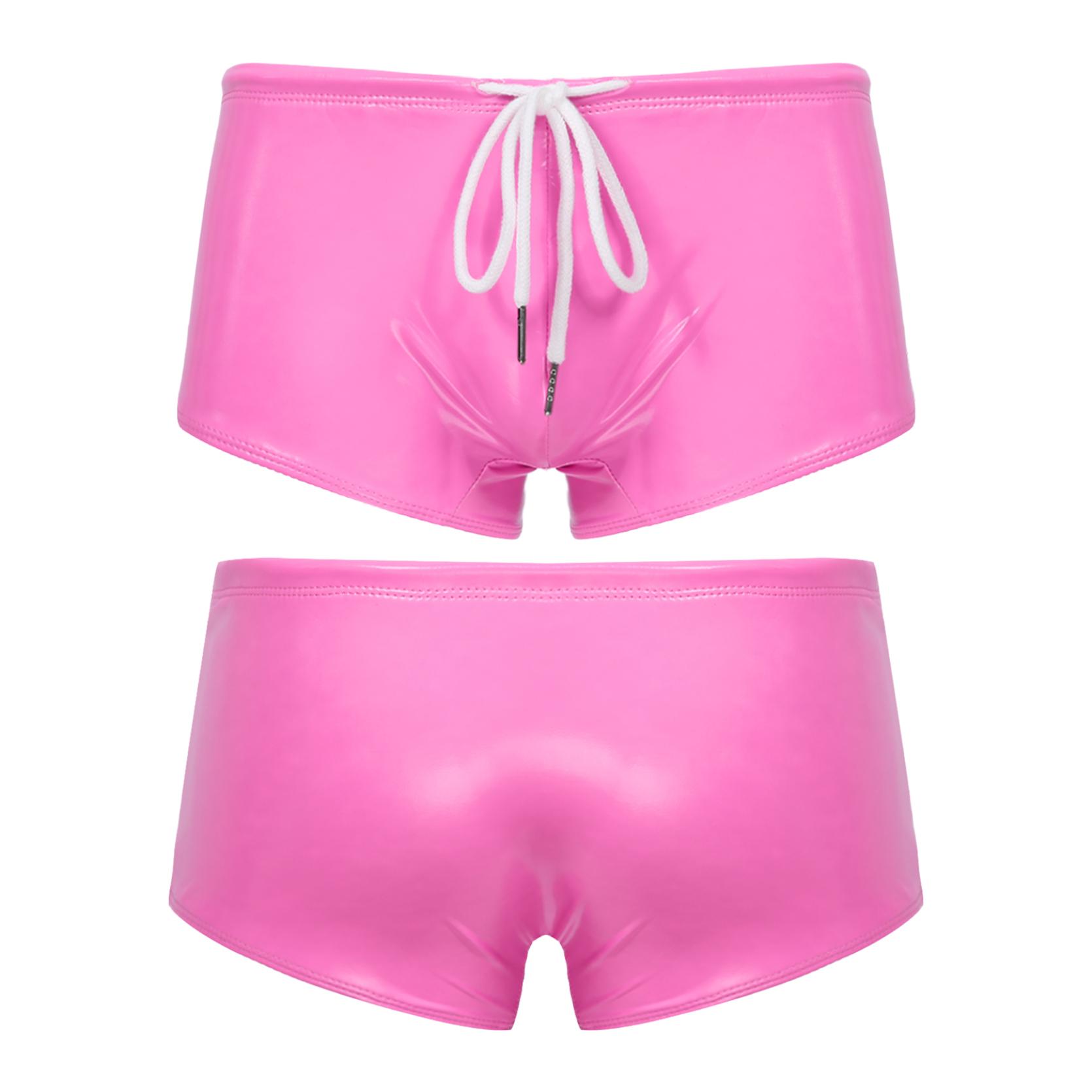 IEFiEL Heren Wet Look Patent Leather Zwembroeken Lage Taille Trekkoord Boxershorts Zwemkleding XL