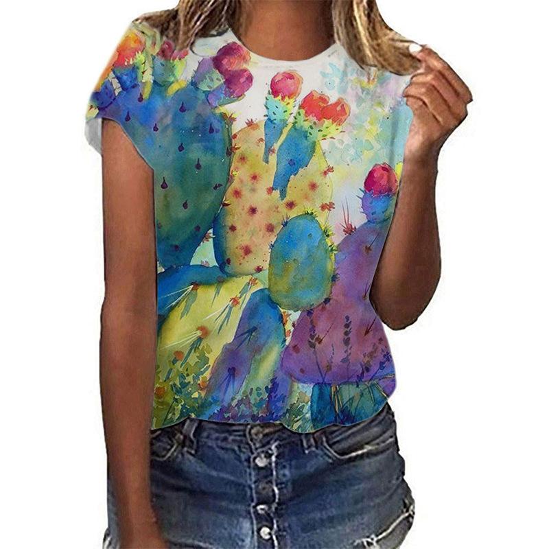 Summer Plant Printing Summer Women's Short Sleeves 3D Digital Printing 3440