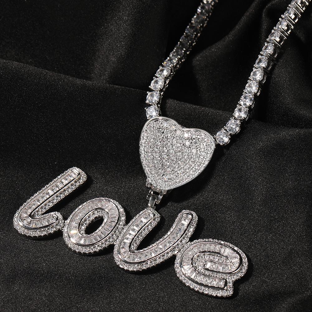 THE BLING KING Custom Baguettecz Script Name Pendant With Heart Clasp Necklace Iced Out Cubic Zirconia Necklace Hiphop Jewelry