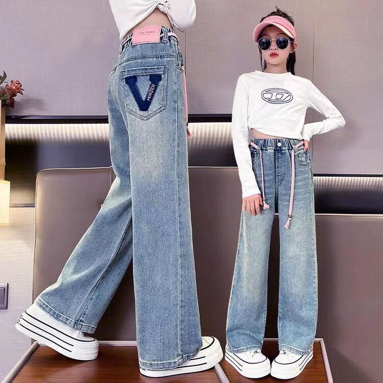 Bestickte Wide-Leg Jeans für Mädchen für Frühling & Herbst - Gerader & Lockerer Schnitt für Kleine & Ältere Mädchen