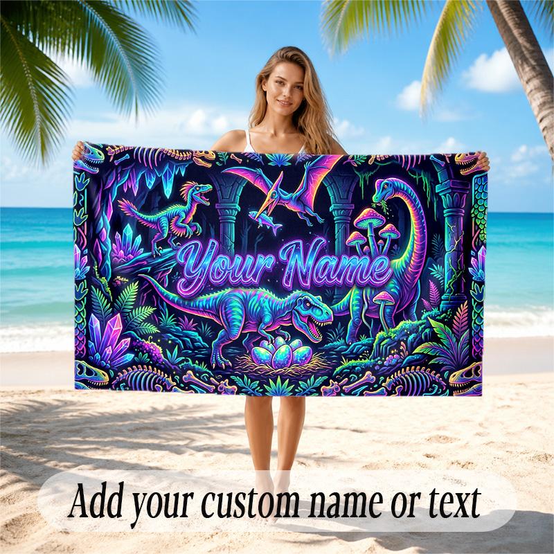 Dinosaur Theme Quick Dry Beach Towel Custom Name Text Print Large Sand Resistant Towel Beach Vacation
