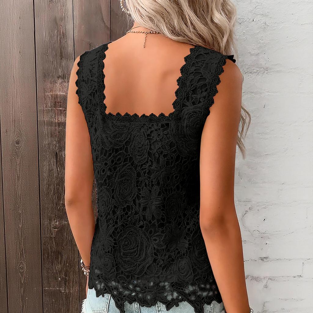 Ladies' Color Casual Elegant Square Silk Sleeveless Vest With Collar And Lace Top