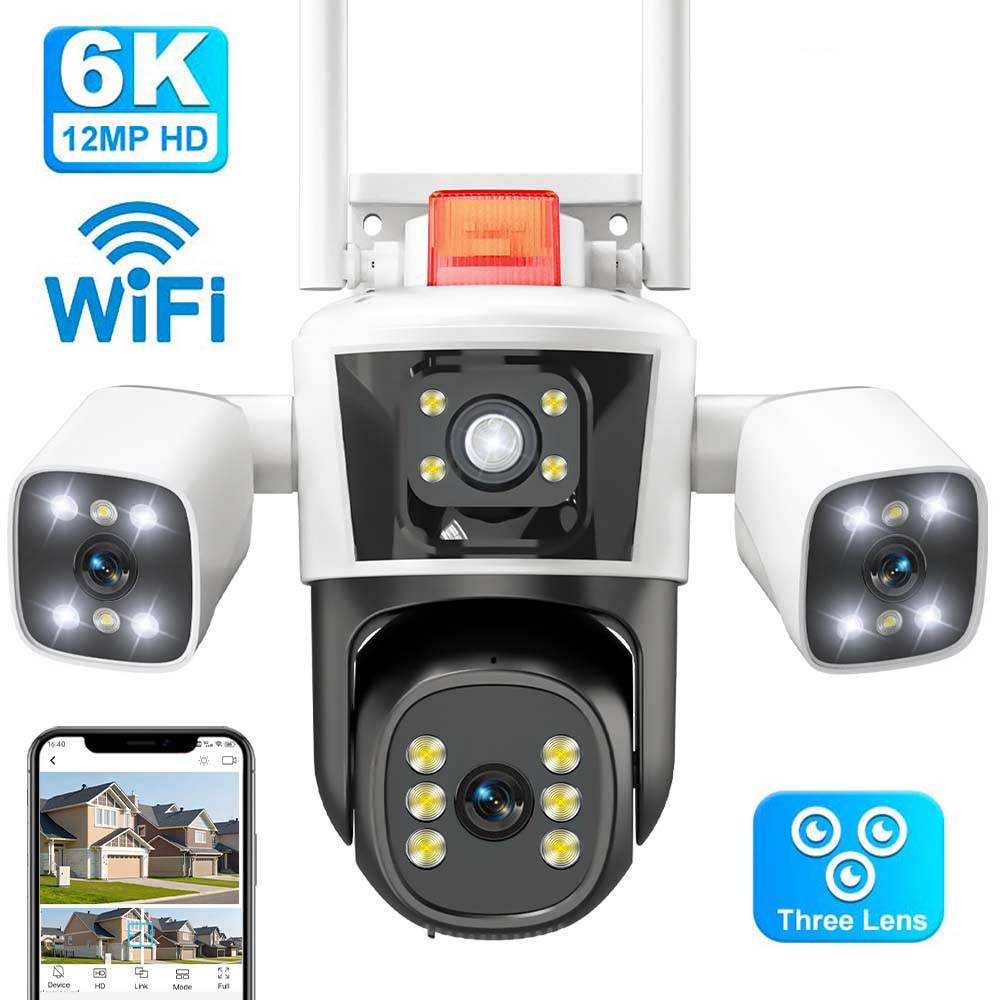 EU Plug 6K 12MP WiFi IP Camera Three lens Panoramic View Outdoor PTZ IP Camera AI Tracking Security Protection CCTV Surveillance Cameras