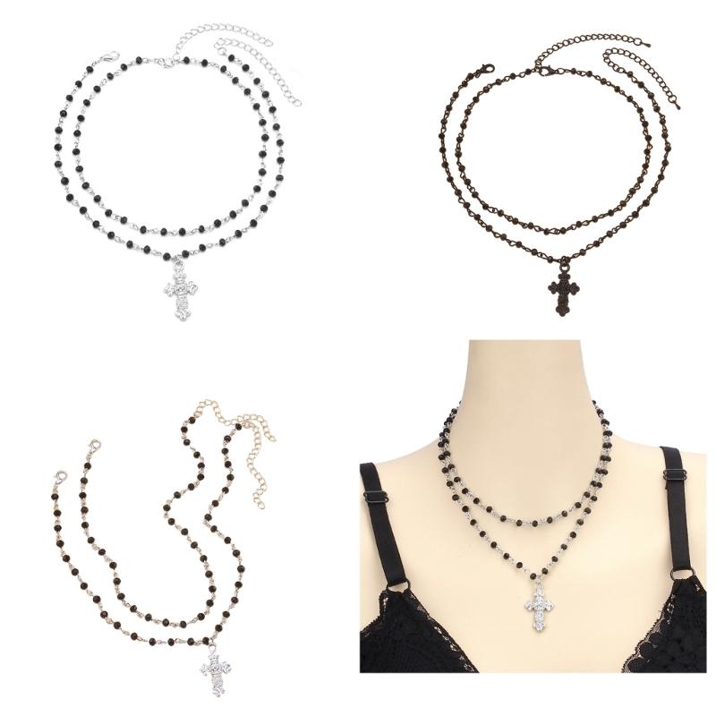 Fashionable Beaded Necklace Moon/Crucifix Pendant Collarbone Chain Elegant Double Layer Neckchain Choker Acccessory