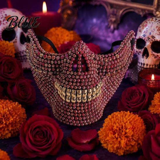Diamond Skull Half Mask Halloween Face Mask Rhinestone Punk Knight Masquerade Prop Comfortable with Adjustable Straps Lightweight Plastic Party for