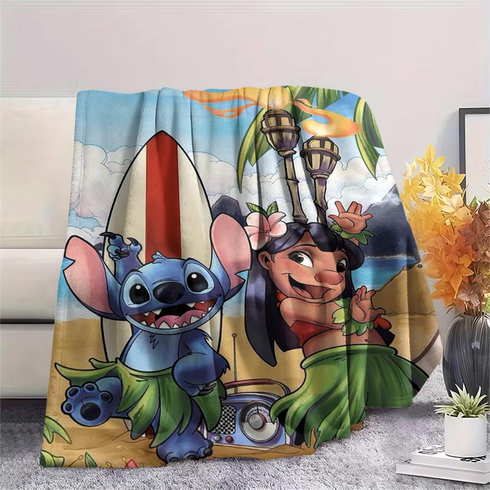 Lilo Sitting On Stitch Head Flower Crown Sunset Beach Print Flannel Blanket Soft Warm Throw Blanket For Home Sofa Bedroom Gift