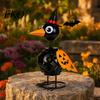 Fall Harvest Decorations Halloween Metal Crow Pumpkin Figurine, Wrought Iron Raven Statue with Witch Hat, Spooky Decor LED Candle Holder