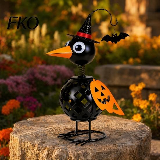 Fall Harvest Decorations Halloween Metal Crow Pumpkin Figurine, Wrought Iron Raven Statue with Witch Hat, Spooky Decor LED Candle Holder
