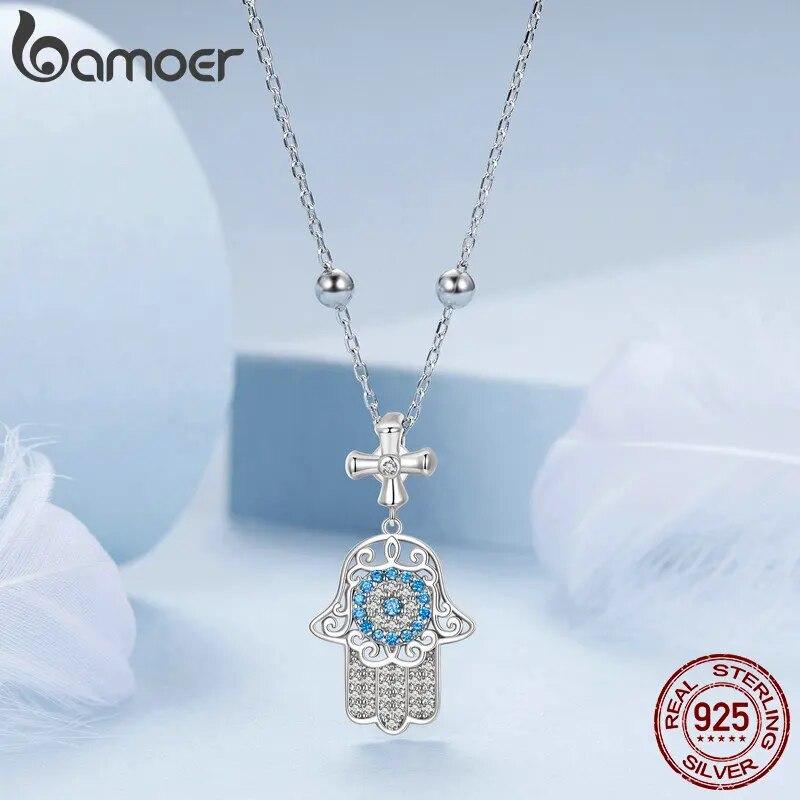 BAMOER 925 Sterling Silber Exquisite Fatimas Hand Halskette Beschützende Hand Halskette Pave Fassung CZ für Frauen Geburtstagsgeschenk