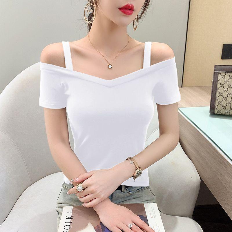 Pure Desire Hot Girls Sexy Off-shoulder Short-sleeved T-shirt Women's Summer New Slim and Thin Suspender Bottoming Shirt Top Tide