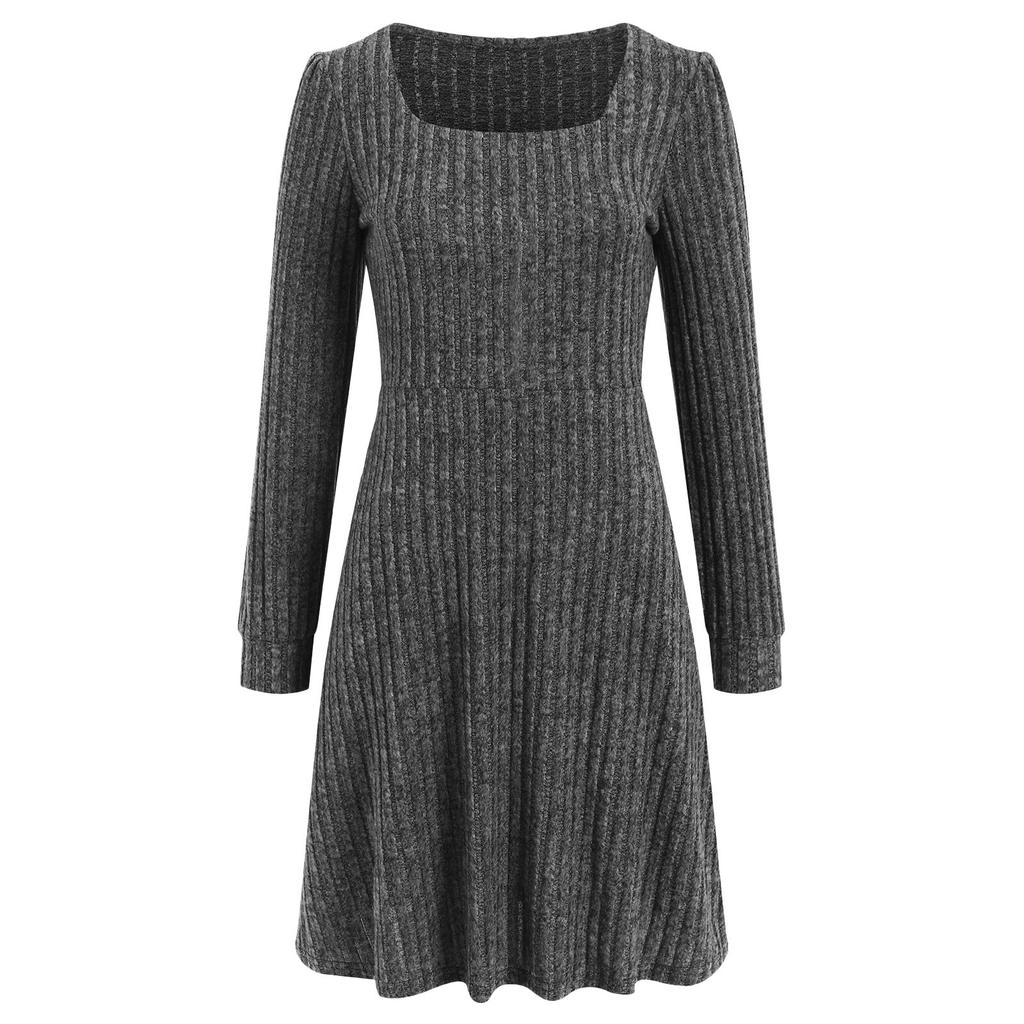 Vestido de Punto de Manga Larga para Mujer con Bolsillos Cuello Cuadrado Vestidos Ajustados Tejido de Color Puro Vestido Elegante para Mujer