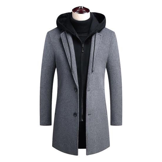 Men Winter Overcoat Fake Two Piece Wool Long Sleeves Mid Length Zipper Warm Formal Plus Size Detachable Hat Winter Coat for Daily Wear